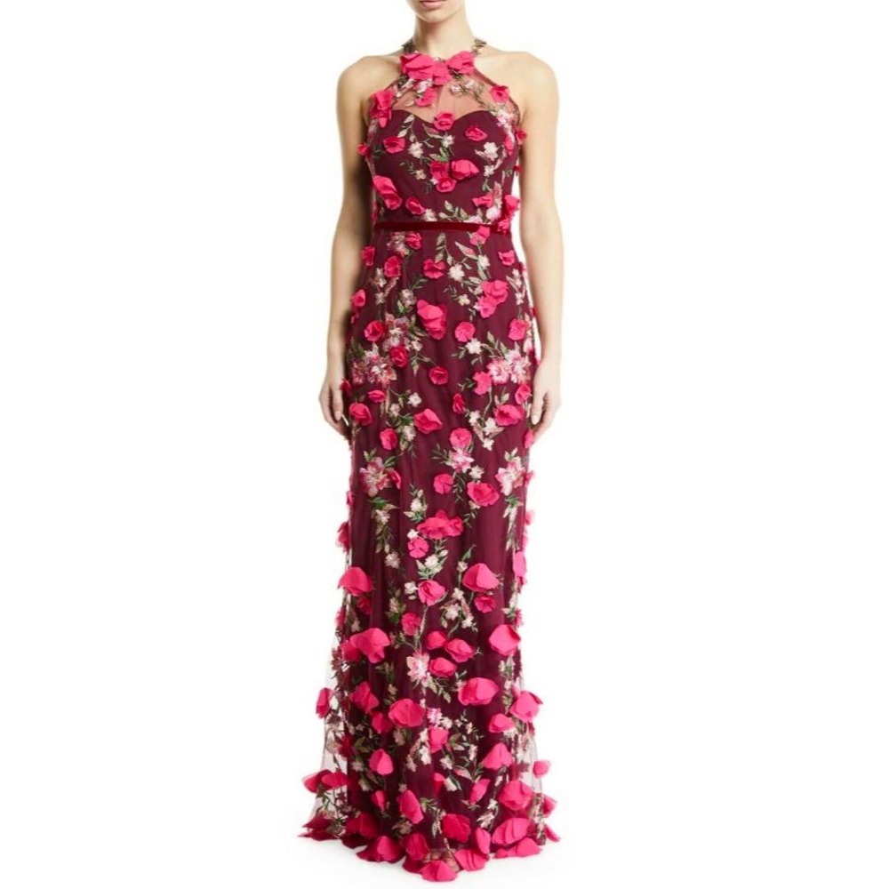 BRAND NEW Marchesa Notte 3D Chiffon Flower Halter Gown